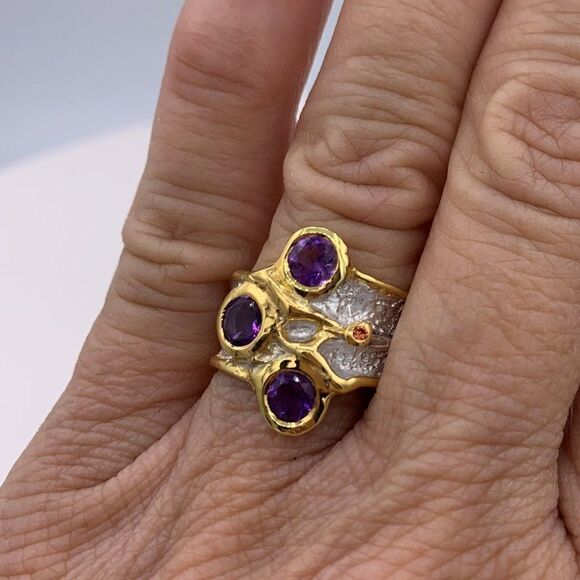 NWOT, solid sterling 925 ring with 22 K gold, real amethyst, wide band, texture - Picture 1 of 15